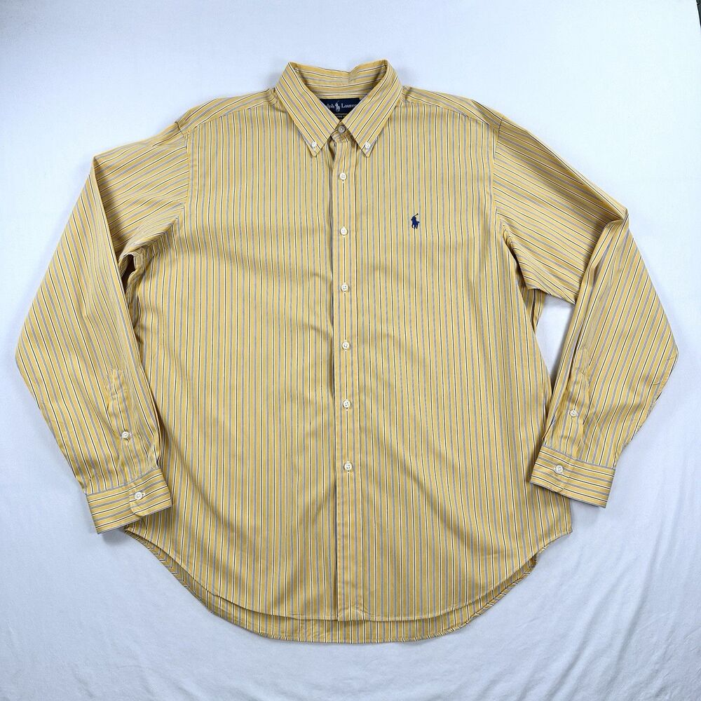 Ralph Lauren Classic Fit Button Down Shirt Mens XL Yellow Striped Cotton Preppy